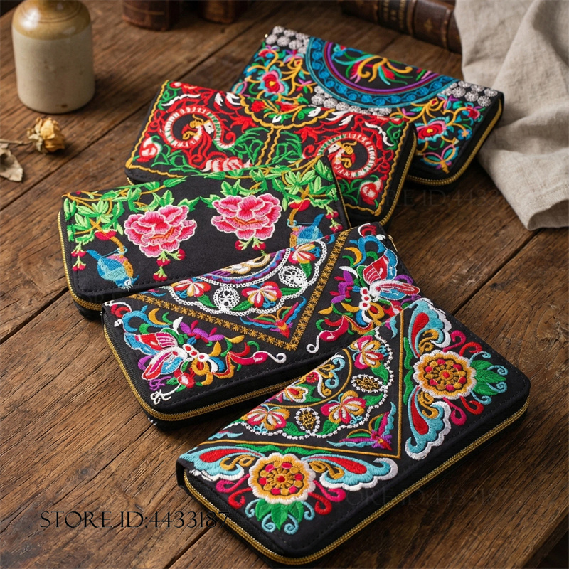 Vintage Fashion Style Female - Cartera Larga Bordada de Estilo Étnico